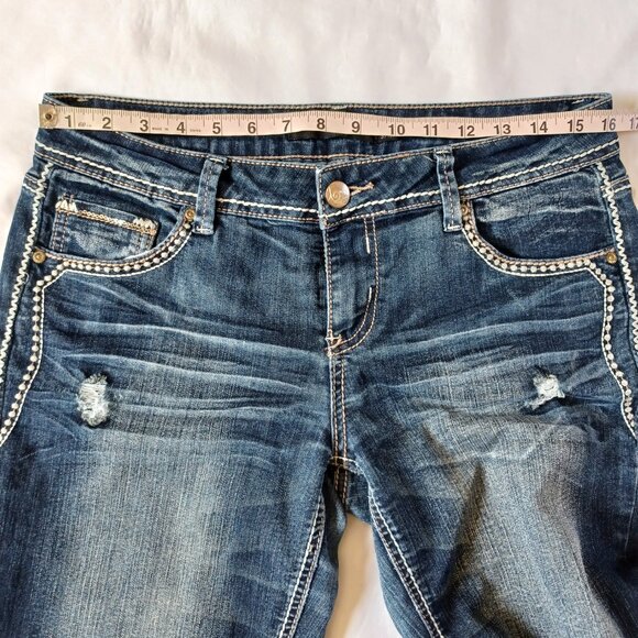 Twentyone Black Rue 21 Blue Jeans Straight Leg Dark Wash Embellished Size 9/10 - Picture 14 of 16